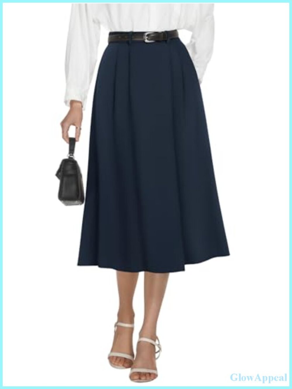 A-Line Midi Skirt High Waisted Pleated with Pockets Business Casual Polyester